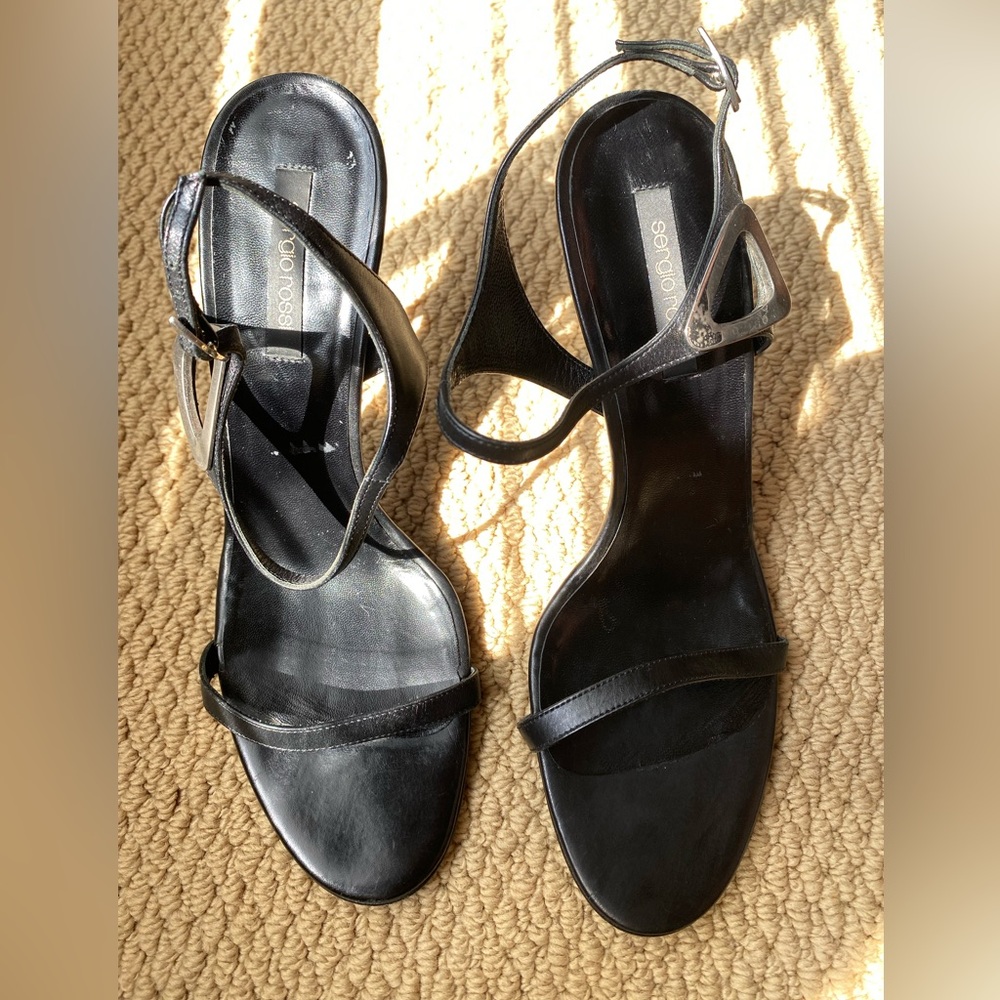 Sergio Rossi Black Leather Chrome Heels